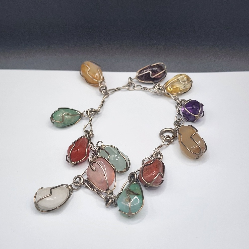 Vintage Estate Bracelet Multicolor Wire Caged Wrapped Tumbled Stone 7"